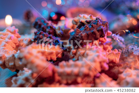Spritz biscuits Christmas cookies on a decorated table 45238082