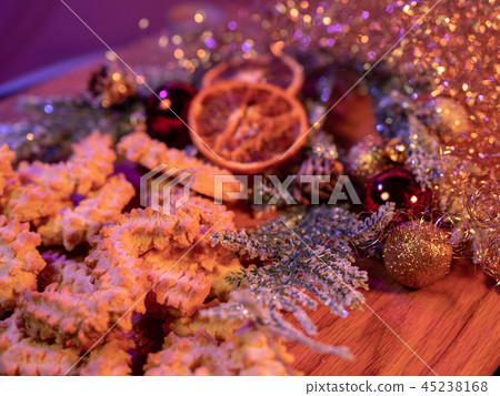 Spritz biscuits Christmas cookies on a decorated table 45238168