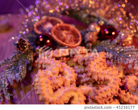 Spritz biscuits Christmas cookies on a decorated table 45238177