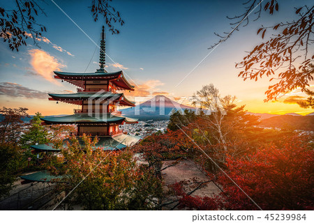 Mt. Fuji with Chureito Pagoda and red leaf Mt. Fuji with Chureito Pagoda and red leaf 45239984