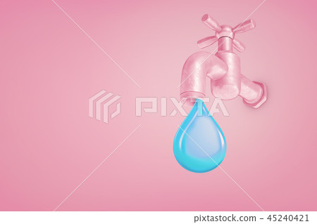 3d rendering of large pink water tap with a giant blue water drip falling from it on a pink 45240421
