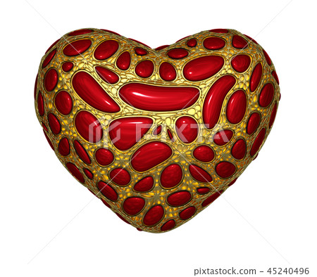 Heart made of golden shining metallic 3D with red glass isolated on white background. Heart made of golden shining metallic 3D with red glass isolated on white background. 45240496