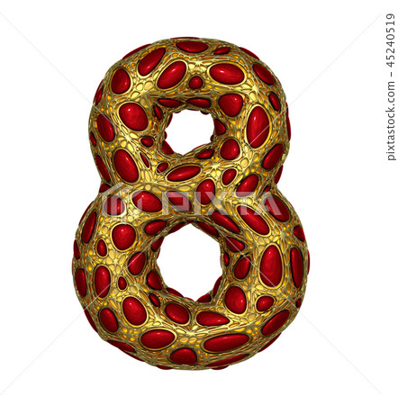 Number 8 eight made of golden shining metallic 3D with red glass isolated on white background. Number 8 eight made of golden shining metallic 3D with red glass isolated on white background. 45240519