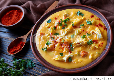 pumpkin chicken breast soup, top view pumpkin chicken breast soup, top view 45241237
