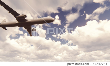 Passenger plane flying through the clouds in... - Stock Illustration ...