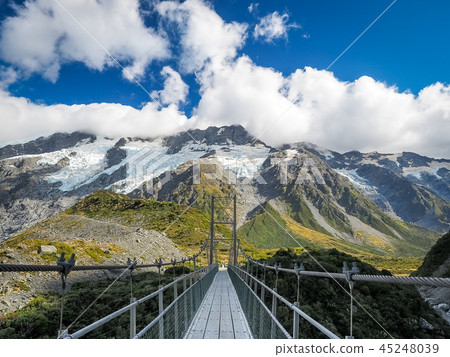 The swing bridge at the Hooker Valley Track The swing bridge at the Hooker Valley Track 45248039