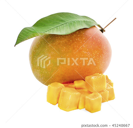 Mango fruit with mango cubes and slices. Mango fruit with mango cubes and slices. 45248667