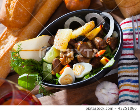 Chicken hearts salad with peach, pear, grilled cheese and quail eggs 45251866