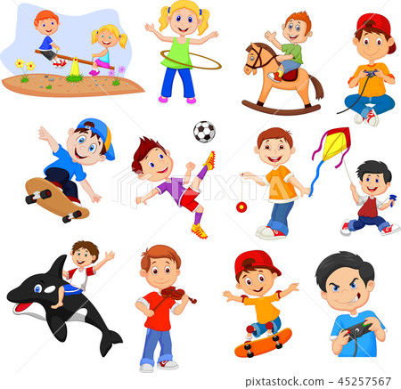 Cartoon kids with different hobbies on a white bac - Stock Illustration ...