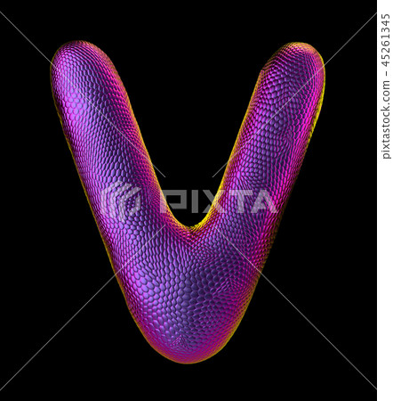 Letter V made of natural purple snake skin texture isolated on black. 45261345