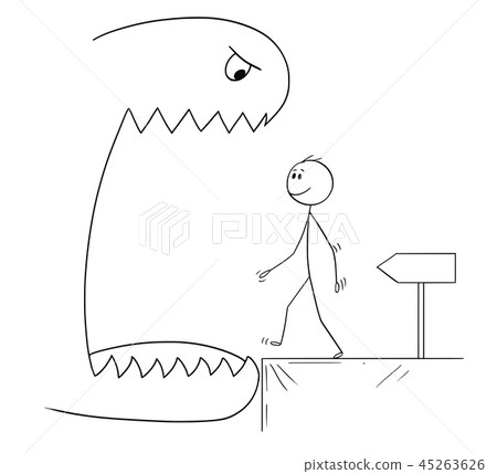 cartoon of smiling man walking in to open mouth of a monster