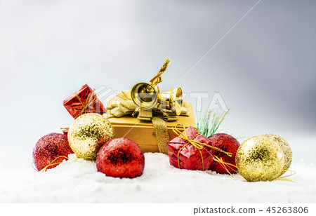 Gift boxes with bell and colorful christmas balls 45263806
