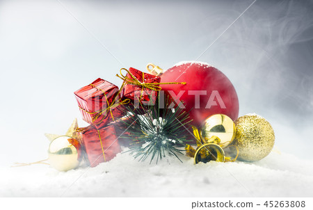 Red gift boxes with colorful christmas balls 45263808