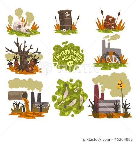 Ecological disasters set, pollution of nature with toxic, radioactive waste, oil products 45264092