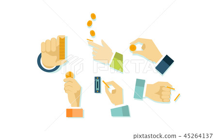 Hands and money coins set, businessman hand showing, paying and giving coins vector Illustration on Hands and money coins set, businessman hand showing, paying and giving coins vector Illustration on 45264137