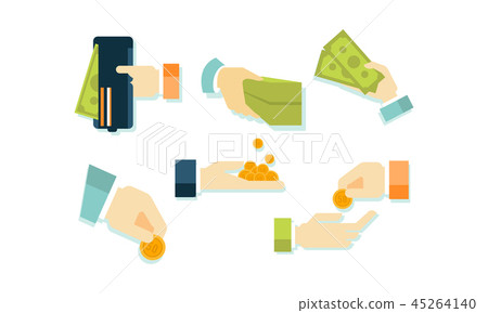 Hands and money set, businessman hand giving and receiving money banknotes and coins, bank and Hands and money set, businessman hand giving and receiving money banknotes and coins, bank and 45264140
