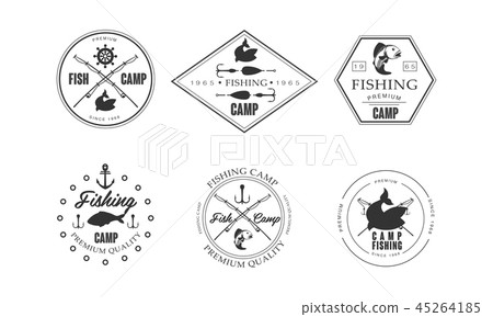 Fishing camp logo, wildlife, travel, adventure retro labels vector Illustration on a white 45264185
