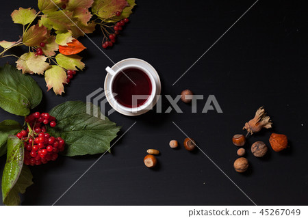 autumn yellow and Red leaves of the black nuts Cup of tea 45267049