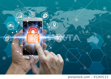 hand use smartphone with padlock icon 45269115