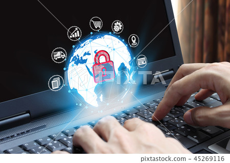hand use laptop computer with padlock icon 45269116