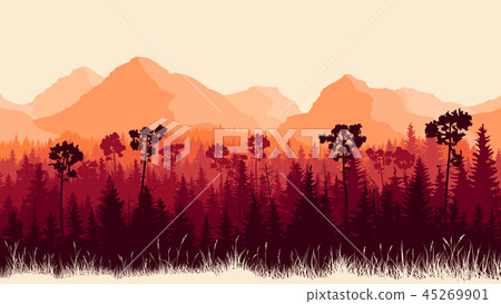 Illustration of mountains and forest with grass. 45269901