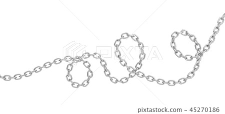 3d rendering of a single curved polished steel chain lying on a white background. 3d rendering of a single curved polished steel chain lying on a white background. 45270186