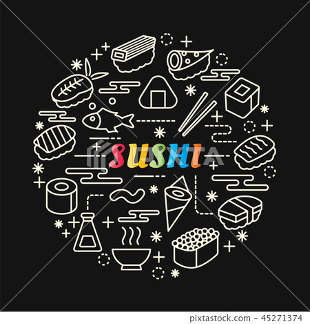 sushi colorful gradient with line icons set 45271374