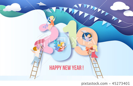 2019 Happy New Year design card with kids 45273401