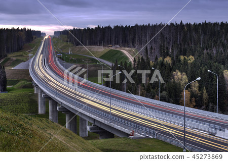 Light trails Motorway evening at dusk. Light trails Motorway evening at dusk. 45273869