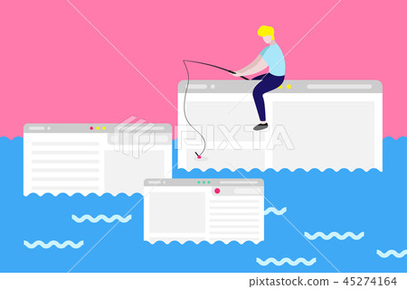 Man sit on computer window trying to catch webpage 45274164