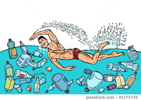 Ocean pollution by plastic trash. Ecology concept. man swimmer s Ocean pollution by plastic trash. Ecology concept. man swimmer s 45275739