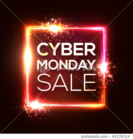Cyber Monday shopping banner in neon style. Square background with abstract lights and sparkles Cyber Monday shopping banner in neon style. Square background with abstract lights and sparkles 45276314