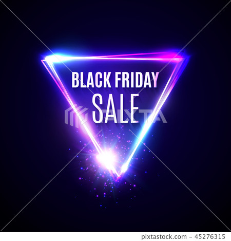 Black Friday background. Triangle logo design in neon style with discount text. Glowing lights Black Friday background. Triangle logo design in neon style with discount text. Glowing lights 45276315