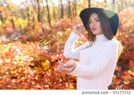 woman smiling and inviting to follow her in autumn park. woman smiling and inviting to follow her in autumn park. 45277152
