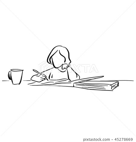 girl writing on big notebook with a cup of tea girl writing on big notebook with a cup of tea 45278669