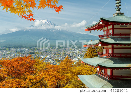 Mt. Fuji and red pagoda with autumn in Japan, Mt. Fuji and red pagoda with autumn in Japan, 45281041