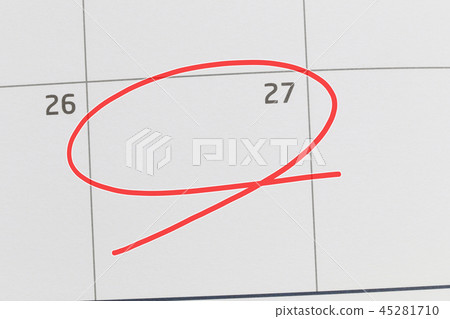 Focus on number 27 in calendar and empty red ellipse. 45281710