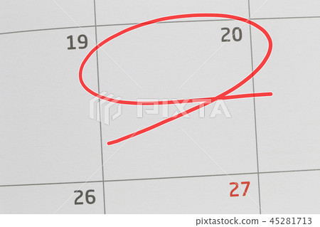 Focus on number 20 in calendar and empty red ellipse. 45281713