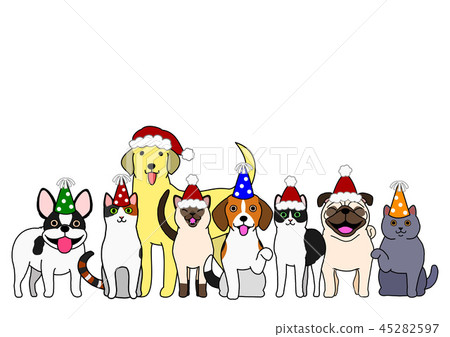 Group of dogs and cats wearing a santa cap - Stock Illustration ...