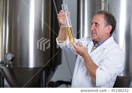 Man expert is analizying the quality of beer in flask Man expert is analizying the quality of beer in flask 45286252