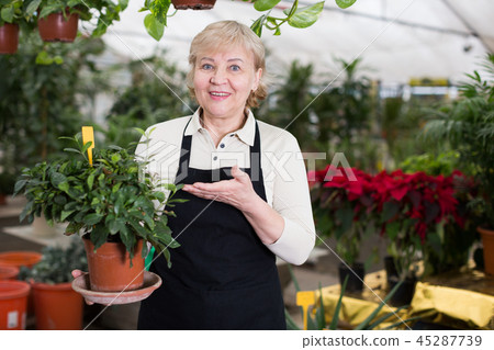 Woman gardener is standing with flower near plants Woman gardener is standing with flower near plants 45287739