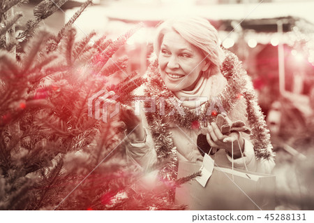 Mature female buying decoration and tree at Christmas Fair 45288131