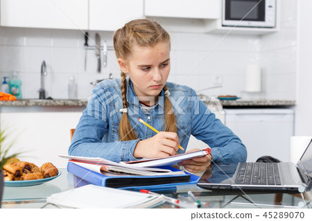 Girl doing her homework with laptop Girl doing her homework with laptop 45289070
