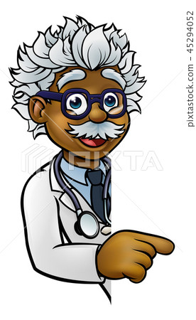 Scientist Cartoon Character Pointing Sign 45294052