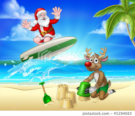 Christmas Santa Claus and Reindeer Beach Scene Christmas Santa Claus and Reindeer Beach Scene 45294083