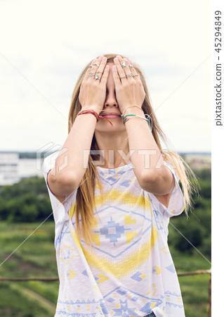 girl with eyes closed hands girl with eyes closed hands 45294849