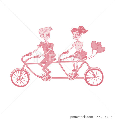 happy young couple riding tandem bicycle 45295722