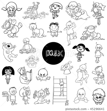 cartoon kids characters black and white set 45296641