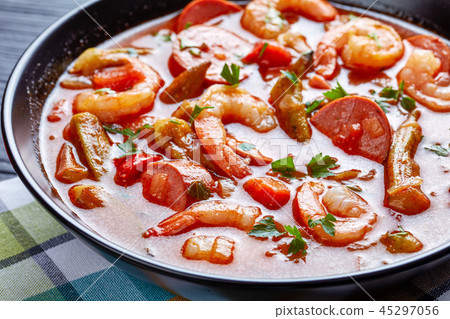 Delicious gumbo with okra, prawns, sausages Delicious gumbo with okra, prawns, sausages 45297056