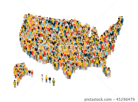 International group of peoples from different social status stand in USA map silhouette isolated on 45298479